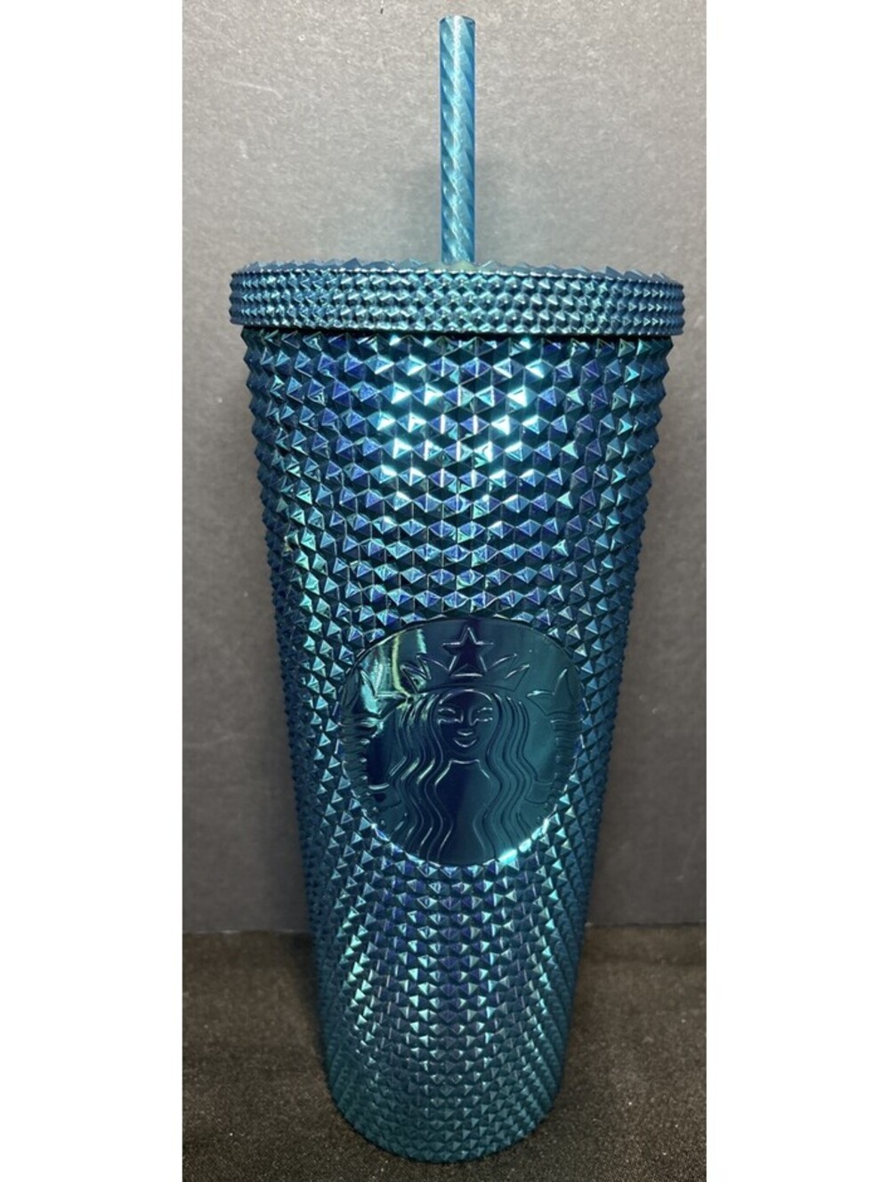 New Starbucks Metallic Blue Studded Cold Cup Tumbler With Straw Diamonds 24oz